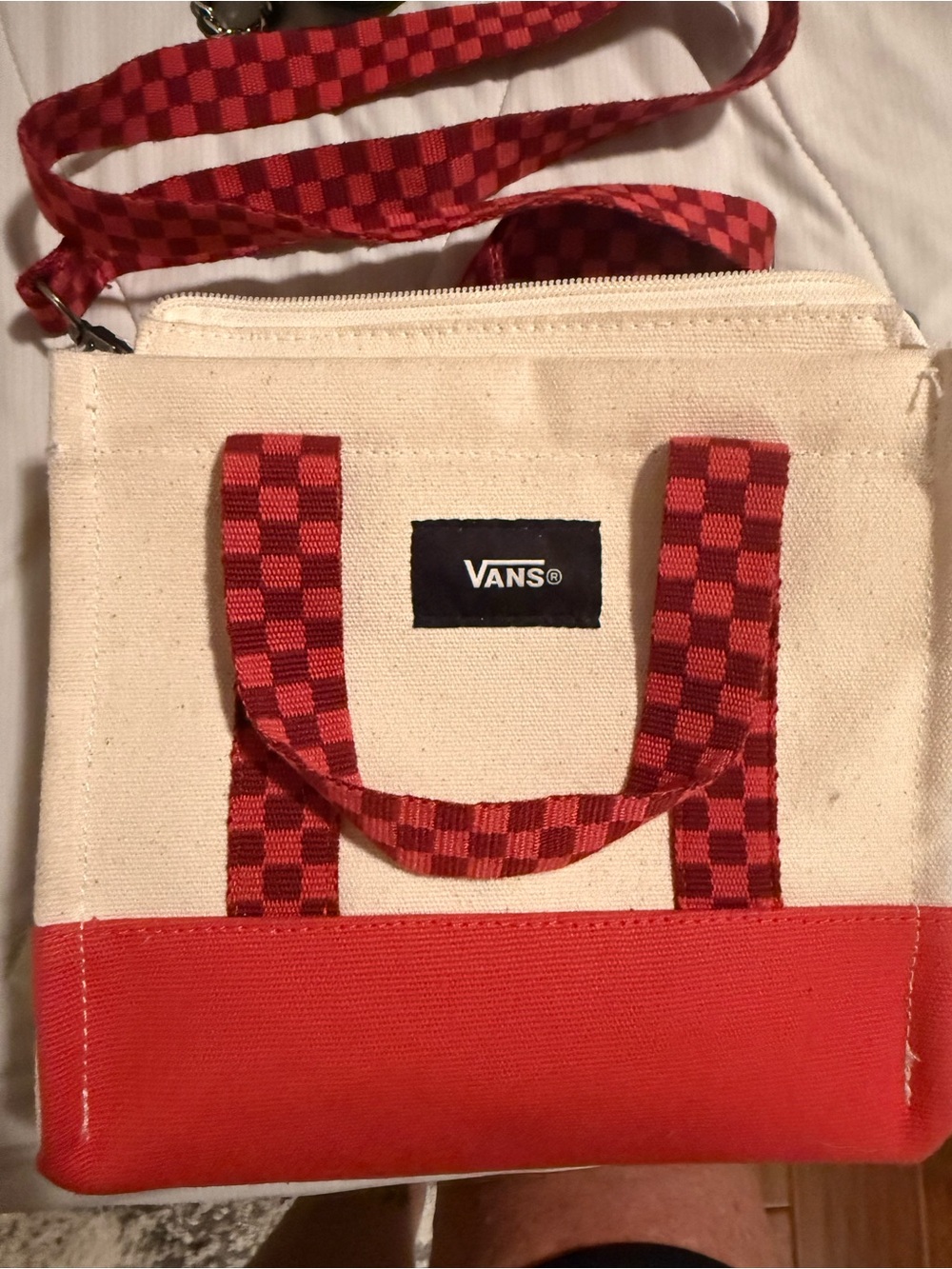 Vans Cream Canvas Crossbody with Red Checker Trim